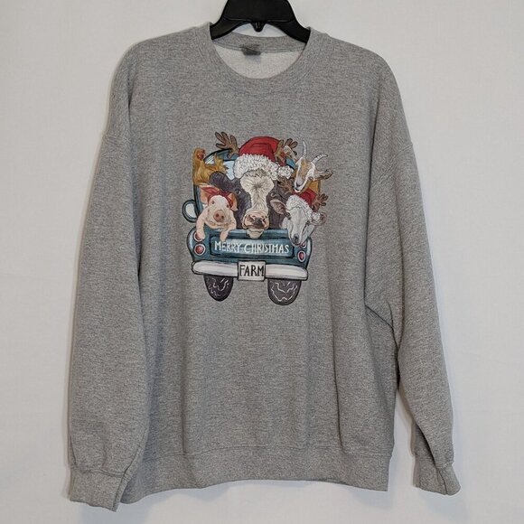 GILDAN Gray Christmas Sweatshirt; Truck, Farm Animals, Cow, Sheep, Pig; Size 2XL - Picture 1 of 5